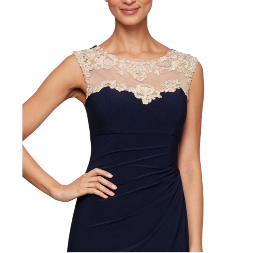 Alex Evenings Dress Navy Blue Gold 8 Long Ruffle Wedding Cruise Formal New — image 2 of 8